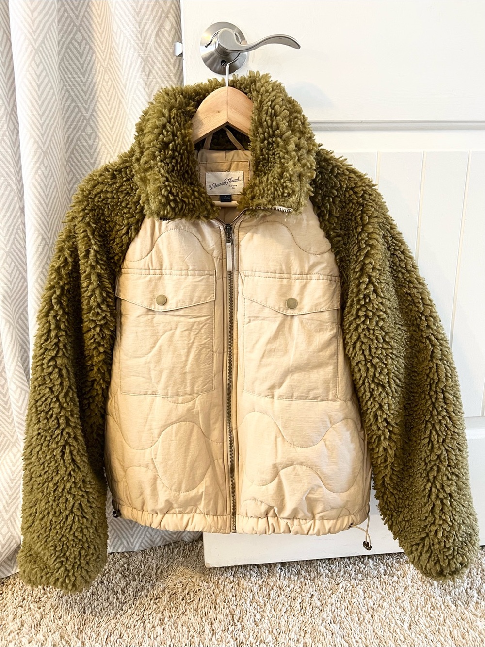 Universal Thread Olive Green Teddy Jacket with Cream Quilted Front - Picture 3 of 6